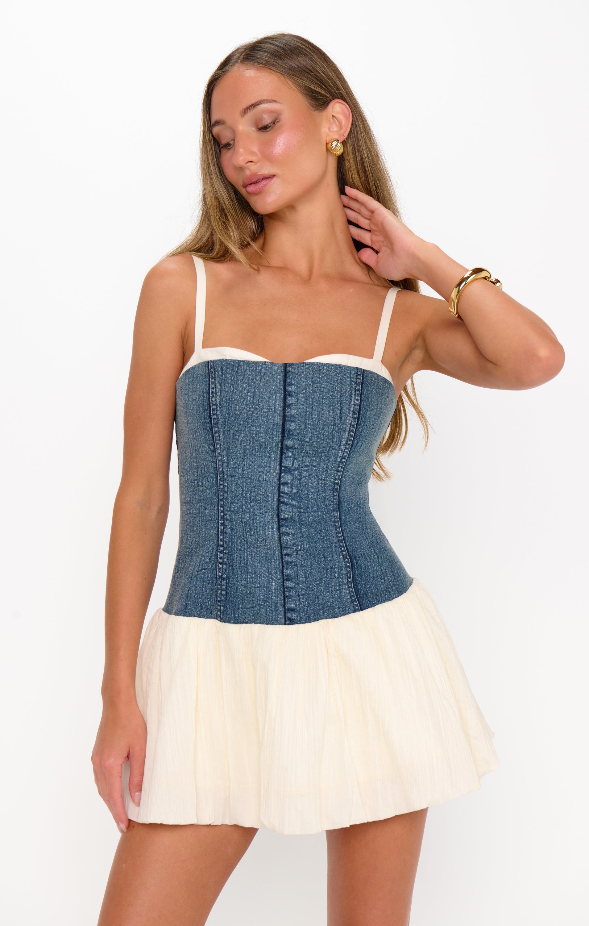 Tiffany Skort Dress ~ Denim with Cream Voile