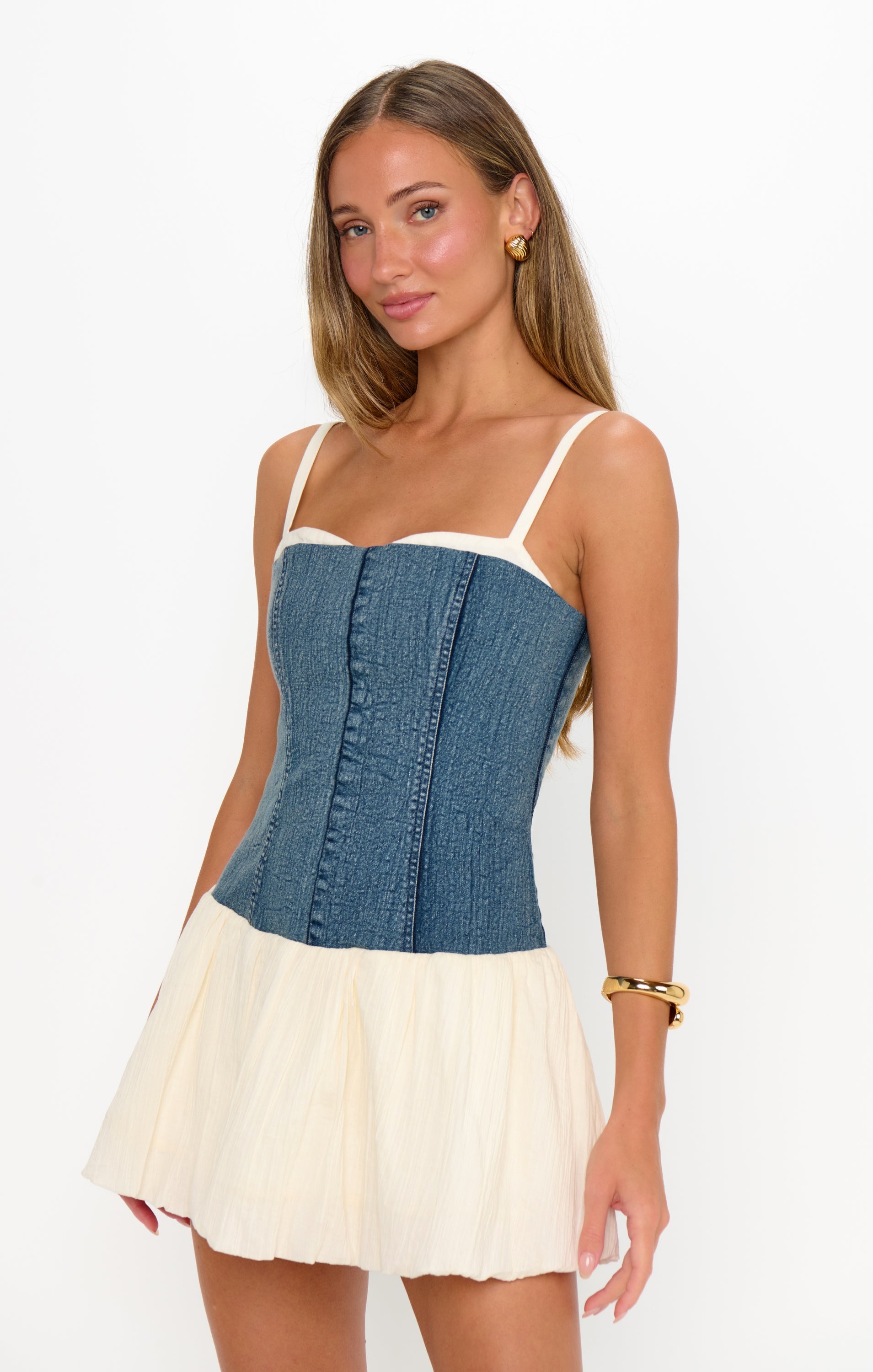 Tiffany Skort Dress ~ Denim with Cream Voile